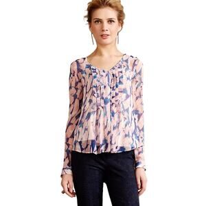 Maeve by Anthropologie Painted Silk Blouse Chiffon Pink Blue Abstract Size 4